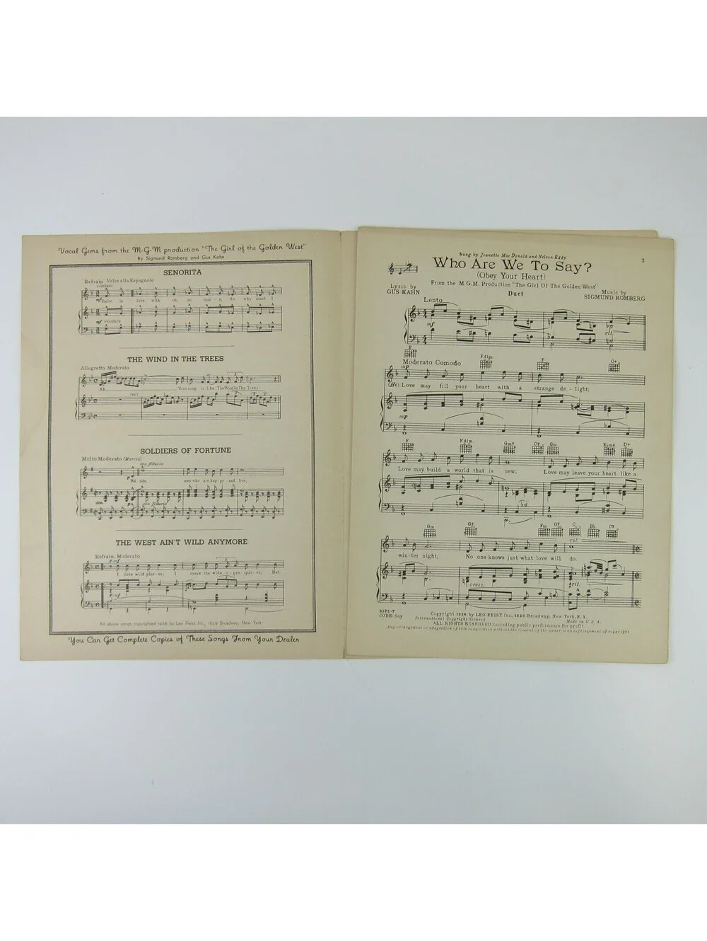 Sheet Music Who Are We To Say Girl of the Golden West Jeanette MacDonald 1938